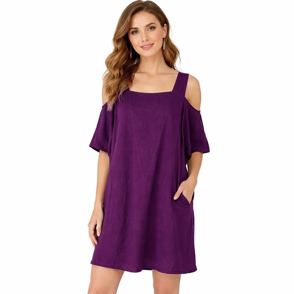 Soft Surroundings Dress Size L Purple Cold Shoulder Pockets Dolman Linen Blend